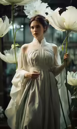 a woman in an off white dress holding flowers