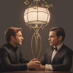 two young men in tuxedos seated next to lamp