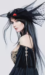 a woman with long black hair wearing a black dress