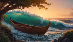 a painting of a boat in the middle of an ocean,the painting shows a wooden boat on the shore
