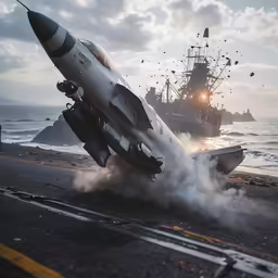 an airplane is on the beach near a large military ship
