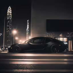 the black sports car is parked in front of a tall building