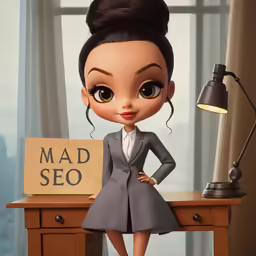 a doll is posed for a portrait near a desk