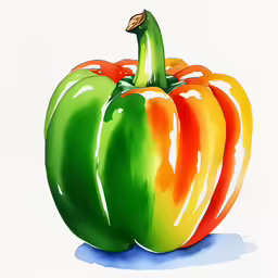 a painting of an orange and green pepper