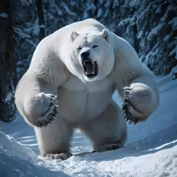 a white polar bear standing in the snow