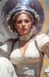 a woman is dressed up with a futuristic helmet