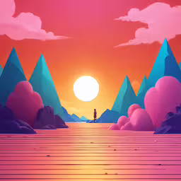 an animated landscape with a person in the distance,a person stands alone in a painting by himself