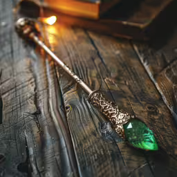 an antique green glass brooch with a golden filigree,a book on the wooden table with a green diamond key