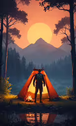 a man stands in front of his tent in the forest,a person is standing in front of a tent