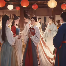 several women dressed in traditional chinese clothes talking