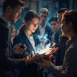 three people exchanging something to each other with their hands