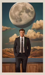 a person wearing a suit and tie and standing in front of a full moon