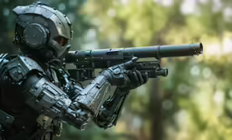 a sci - fion dressed in a futuristic suit with a large rifle