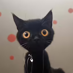 black cat with earbuds on staring straight ahead