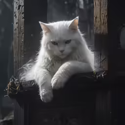 white cat laying on an arm rest outside