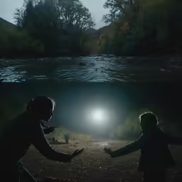 a couple of people with flashlights by a river