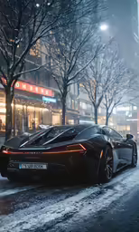 black car sitting in the middle of a snowy street at night