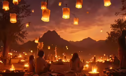 people sitting on the ground and holding lanterns