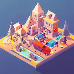 an illustrated 3d model with a blue building in the background