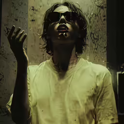 a person in sunglasses is making an expression