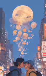 two people in the street kissing under a large moon