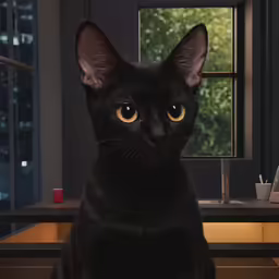 a cat sitting on a desk in front of a window