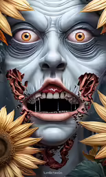 the face and head of an evil clown, with sunflowers surrounding it