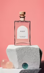 a bottle of perfume sitting next to balloon on concrete