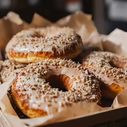 glazed donuts in a box with sprinkles and powder
