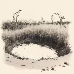 a drawing of a waterhole in a field with plants growing out of the ground