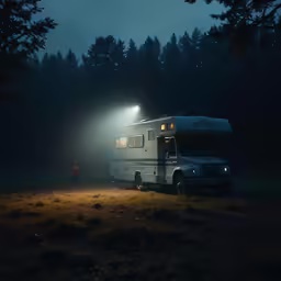 a man standing next to a truck in the woods at night