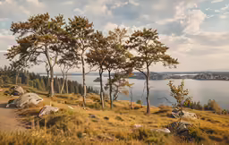 some trees are near the water on a sunny day