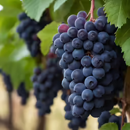 bunches of blue grapes hang from green leaves on a vine