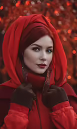 a young girl dressed in red wearing a scarf and gloves