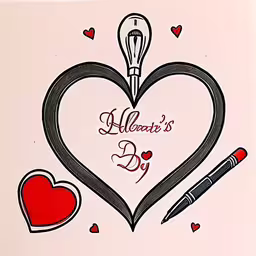 the design is of a heart, pen and heart with text,there are hearts with a light bulb on top of it