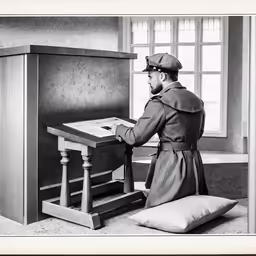 a man is sitting at a desk using a book