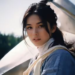 woman with a scarf standing next to a boat