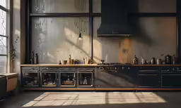 an old - fashioned kitchen with gray cabinets, a hood, and a pot rack