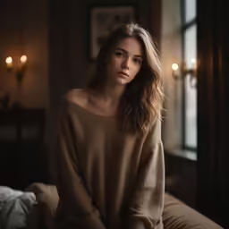 a woman poses in a cozy room with candles on the wall