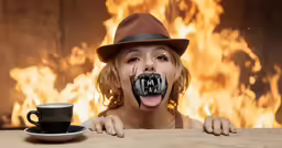 woman in creepy costume and cup with flames behind her