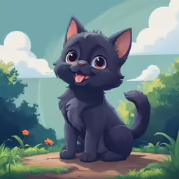 a black cat sits on the ground in a cartoon style