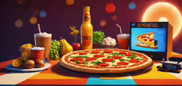 there is a computer and pizza on the table,an animated pizza that appears to be going on the screen