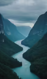 a dark sky over the mountains surrounding a river