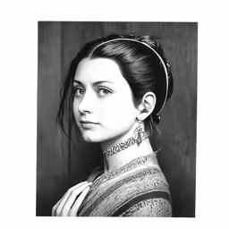 a black and white portrait photograph of a woman with long hair wearing an ear ring