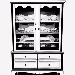 black and white photograph of an old fashion china cabinet