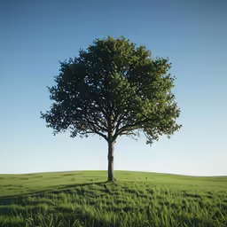 a tree sitting on top of a lush green hillside