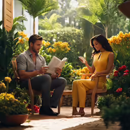 a man and woman sitting in chairs reading