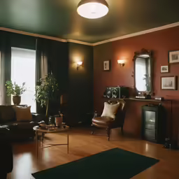 living room with large windows, potted plants and couches