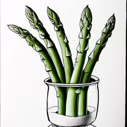 drawing of asparagus in glass jar, with stem in water