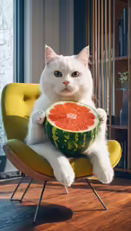 the cat is sitting on a chair holding a large watermelon